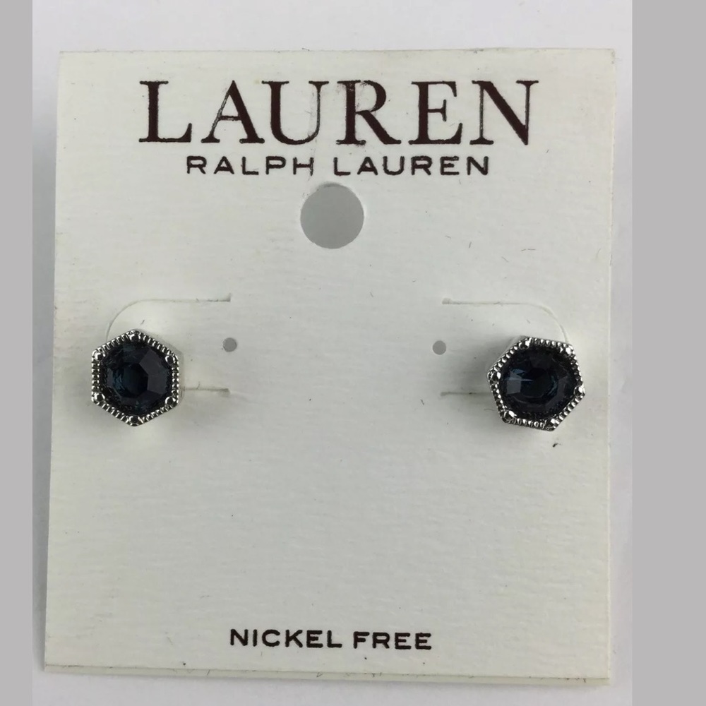 New LRL Blue Rhinestone Earrings Stud Silver Tone